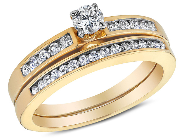 1/2 Carat (ctw H-I, I1-I2) Diamond Engagement Ring & Wedding Band Bridal Set in 10K Yellow Gold - 8.5