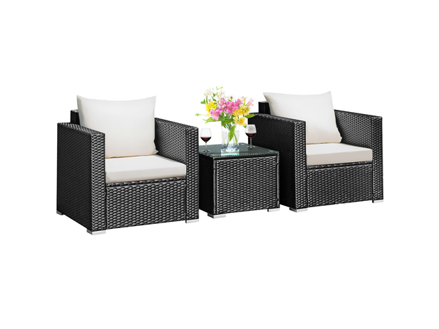 Costway 3 Piece Patio wicker Furniture Set Conversation Rattan Sofa Set w/Cushion Garden Black