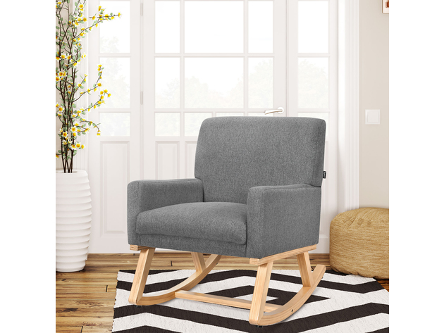 Costway Mid Century Massage Rocking Chair Upholstered Armchair w Lumbar Support Gray