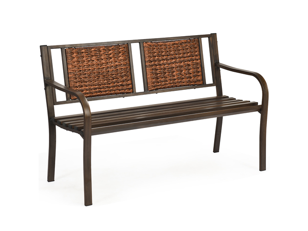 Costway Patio Garden Bench Steel Frame Rattan Backrest Park Yard Outdoor Porch Furniture - Bronze