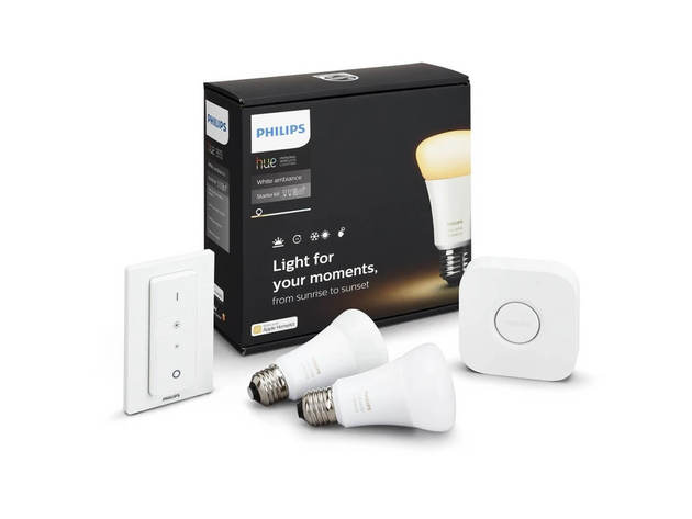 Hue 464776 White Ambiance Starter Kit(2 A19 Bulbs, Hub Bridge, and Dimmer Switch)