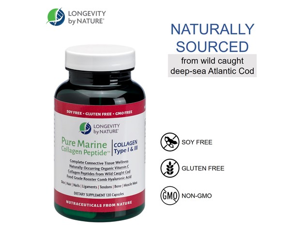 Longevity by Nature Pure Marine Collagen Peptide - Soy and Gluten Free, NON-GMO, 120 Capsules Dietary Supplement