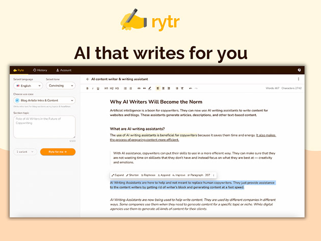 Rytr AI Writing Tool: Lifetime Subscription + $20 Store Credit
