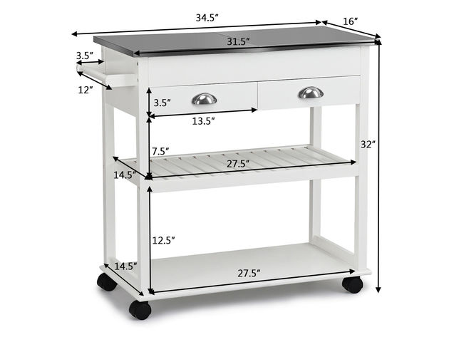 Rolling Kitchen Island Trolley Cart Stainless Steel Flip Tabletop w/Drawer White
