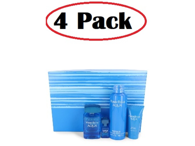 4 Pack of Perry Ellis Aqua by Perry Ellis Gift Set -- 3.4 oz Eau De Toilette Spray + .25 oz Mini EDT Spray + 6.8 oz Body Spray + 1.7 oz Shower Gel