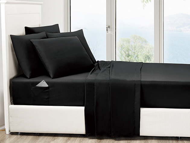 6-Piece Black Ultra Soft Bed Sheet Set with Side Pockets (Queen)
