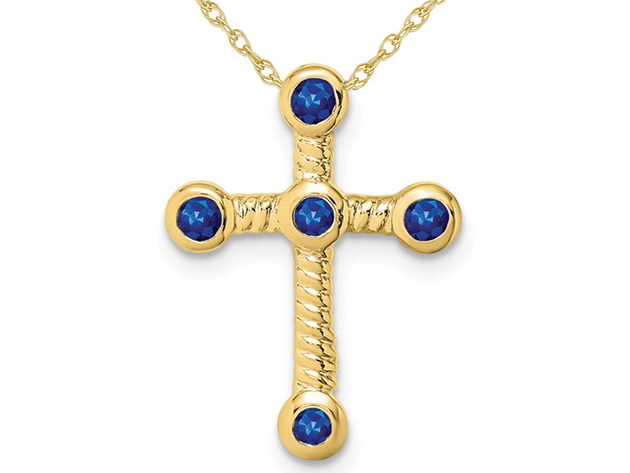 3/10 Carat (ctw) Natural Blue Sapphire Cross Pendant Necklace in 10K Yellow Gold with Chain