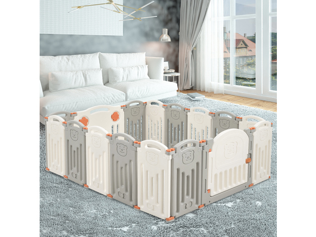 Costway Foldable Baby Playpen 16 Panel Activity Center Safety Play Yard - Beige, Gray