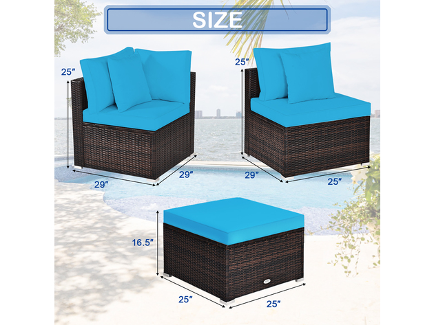 Costway 4 Piece Patio Rattan Wicker Furniture Set Cushioned Sofa Ottoman Garden - Turquoise