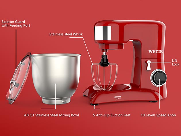 Wetie 4.8QT 550W 10-Speed Electric Stand Mixer (Red)