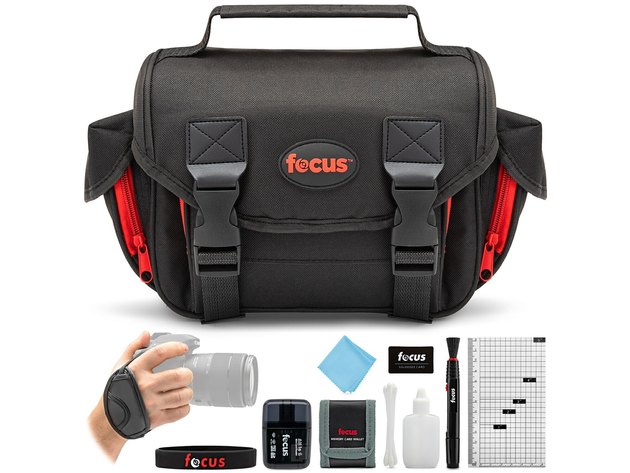 Focus DSLR Camera Accessory Bag Kit with Mini Hdmi Cable and High Speed USB 2.0 Card Reader with Silicone Band for Zoom Lenses, Black (New Open Box)