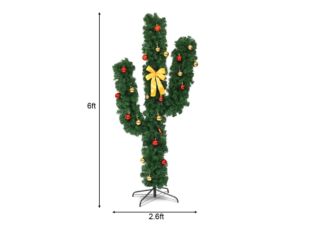 6 Foot Pre-Lit Cactus Christmas Tree with LED Lights & Ball Ornaments