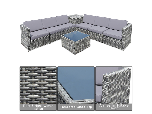 Costway 8 Piece Wicker Sofa Weaving Rattan Dinning Set Patio Furniture w/ Storage Outdoor - Grey