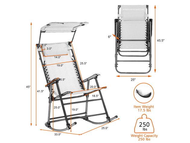 Costway Folding Rocking Chair Rocker Porch Zero Gravity Furniture Sunshade Canopy - Red