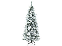 Costway 6ft Snow Flocked Christmas Pencil Tree w/ Berries & Poinsettia Flowers - White