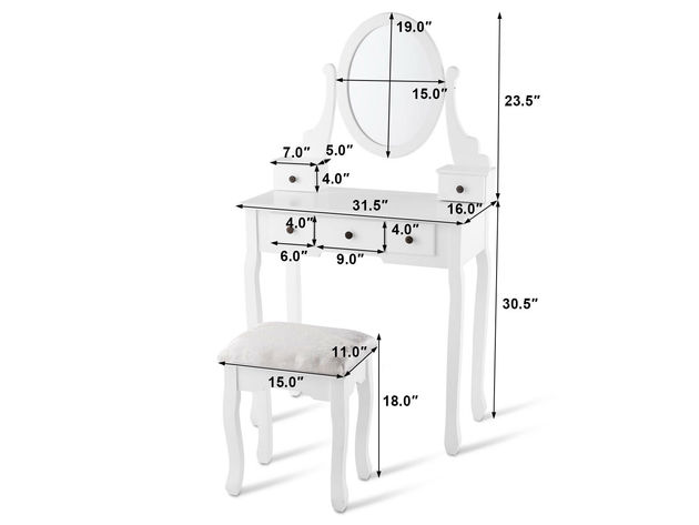 Costway Makeup Desk Vanity Dressing Table Oval Stool 5 Storage Drawers - White