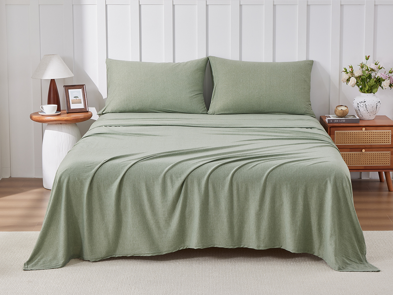 Kathy Ireland 4 Piece Heathered Jersey Knit Cotton Sheet Set (Full/Olive)