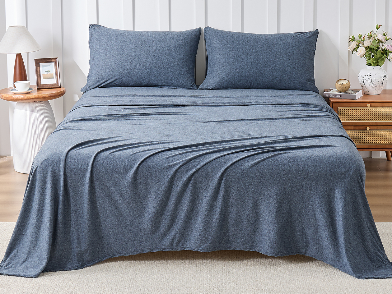 Kathy Ireland 4 Piece Heathered Jersey Knit Cotton Sheet Set (Full/Denim)