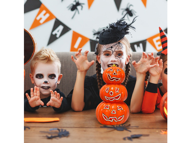 Costway Pre-Lit Halloween Pumpkin Lantern 3 Tiers Hand-Painted Ceramic Pumpkins - Orange