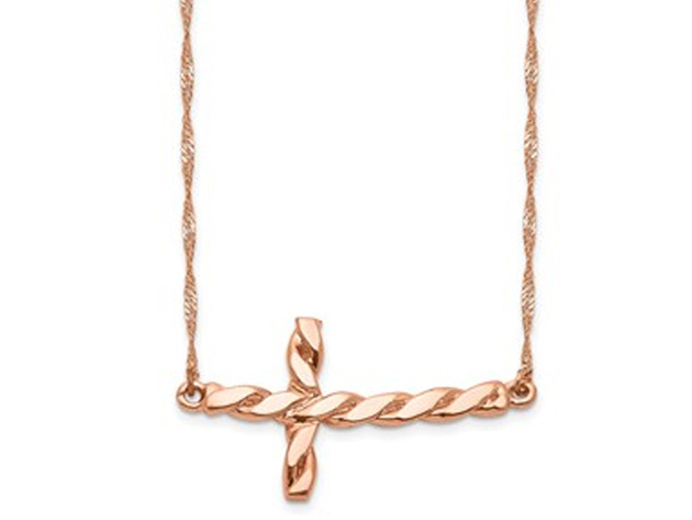 14K Rose Pink Gold Twisted Sideways Cross Necklace