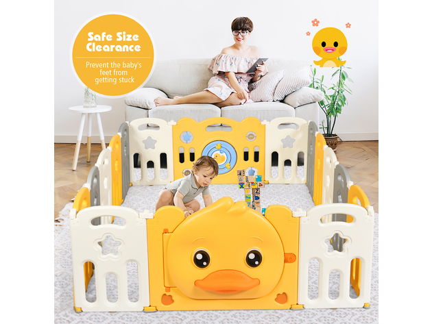 Costway 16-Panel Foldable Baby Playpen Kids Yellow Duck Yard Activity Center w/  Sound - Yellow + White