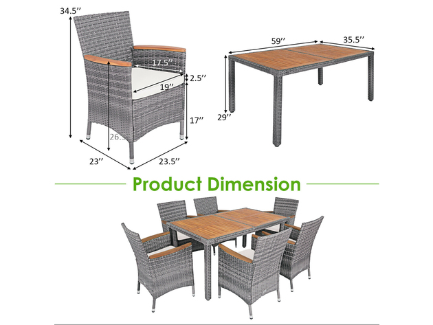 Costway 7PCS Patio Rattan Dining Set Acacia Wood Table Cushioned Chair Mix Gray - Gray, Natural