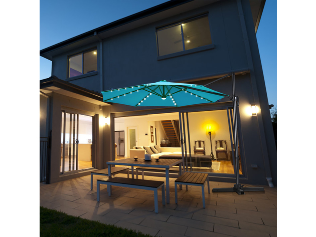 10ft Solar LED Cantilever Offset Patio Umbrella 360dgrees Rotation Aluminum - Turquoise