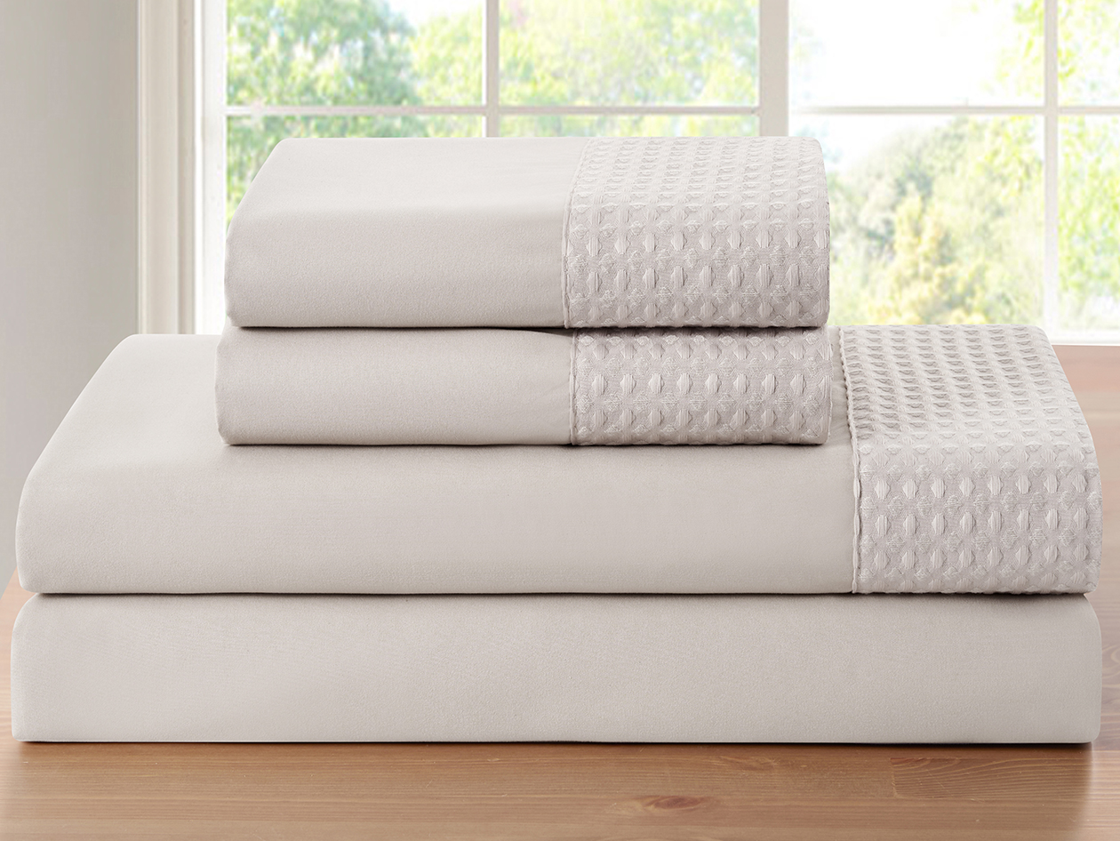 4-Piece Bamboo Blend Waffle Hem Sheet Set (Ivory/King)