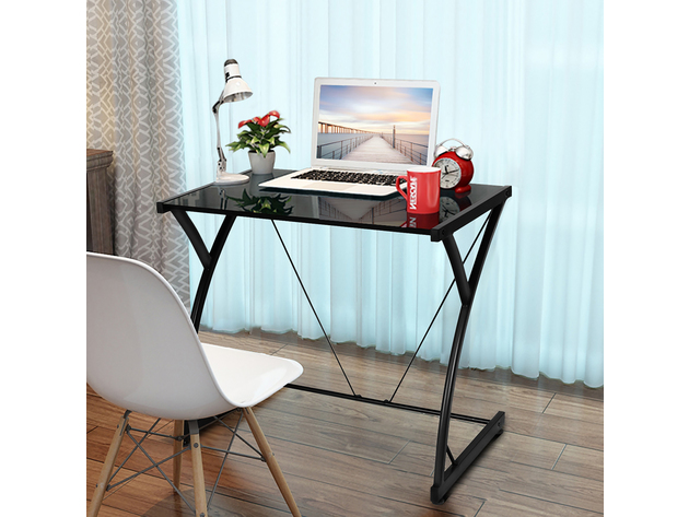 Costway Glass Top Computer Desk Laptop Writing Study Workstation Z-Shaped Metal Frame - Black