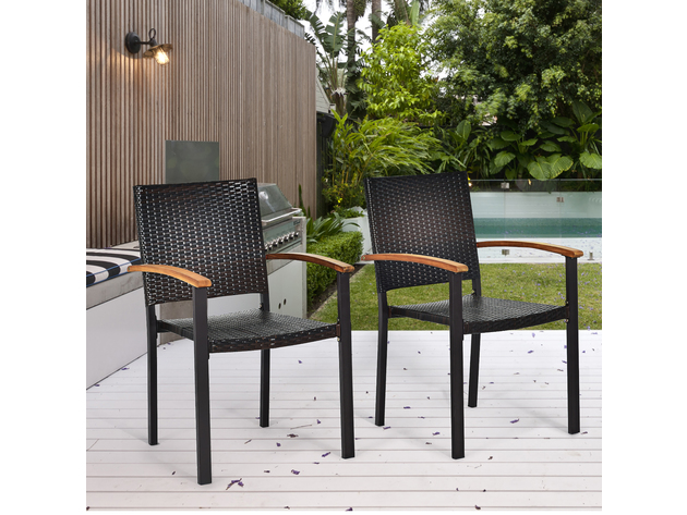 Costway Set of 2 Outdoor Patio PE Rattan Dining Chairs Armrest Stackable Garden - Brown