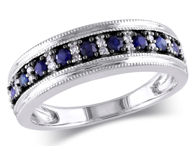 Blue Sapphire Ring 3/5 Carat (ctw) with Diamonds in 10k White Gold - 10