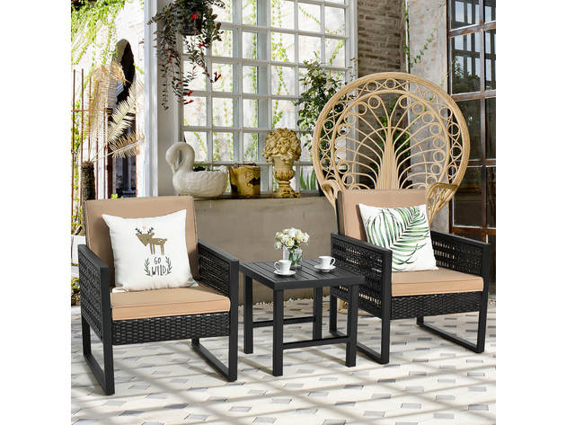 Costway 3 Piece Patio Rattan Bistro Furniture Set Cushioned Sofa Chair Coffee Table Garden