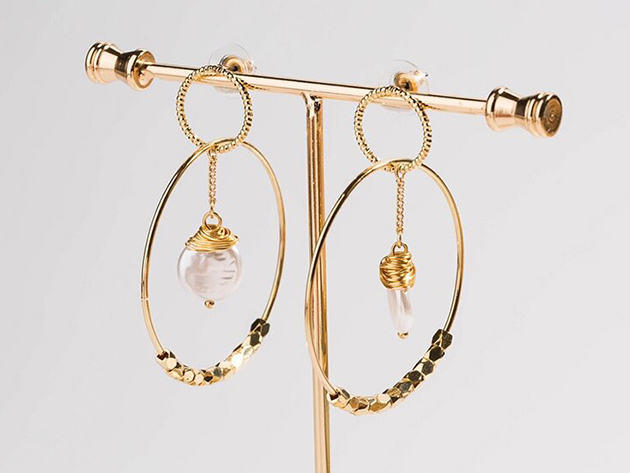 Gold Simulated Pearl Double Hoop Earrings
