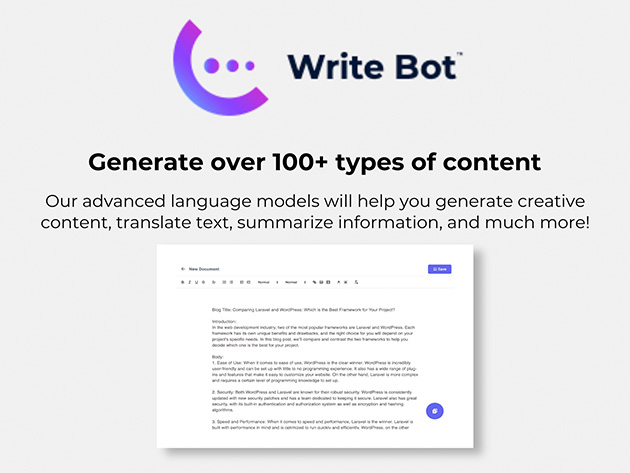 Write Bot™ Harness the Power of AI Content Creation: Lifetime Pro Subscription