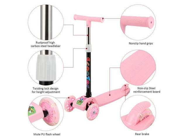 Kids T- Bar Scooter With Flashing Wheels Pink