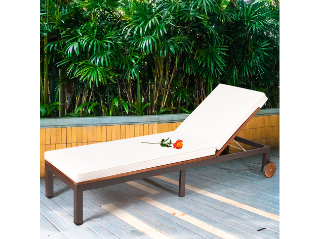 Costway Patio Acacia Wood Lounge Chair Chaise Recliner Adjustable Backrest Cushion Wheel - White