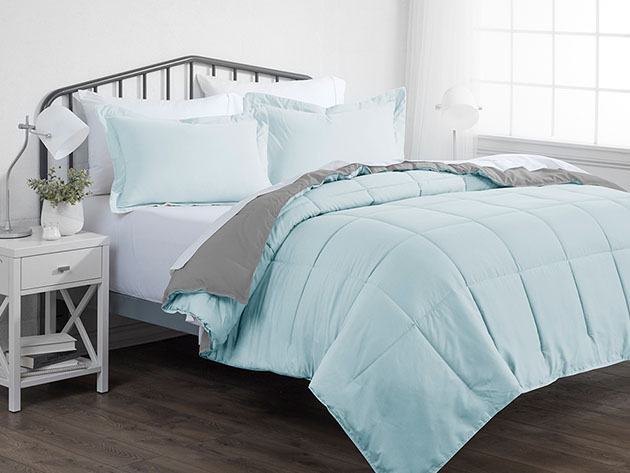 Down Alternative Reversible Comforter Set (Aqua & Light Gray)