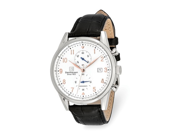 Steinhausen Mens Lugano Stainless Wht Dial Blk Strap Chronograph Watch