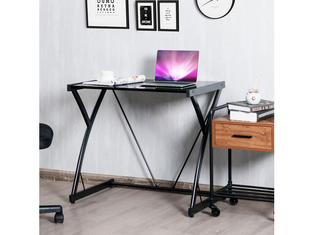 Costway Glass Top Computer Desk Laptop Writing Study Workstation Z-Shaped Metal Frame - Black