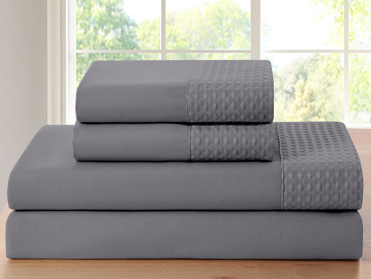 4-Piece Bamboo Blend Waffle Hem Sheet Set (Gray/Queen)