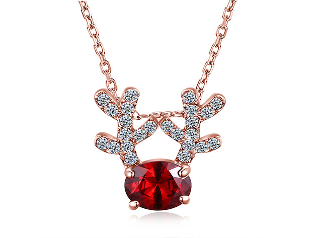 Reindeer Pendant Necklace Ft. Red & Clear Swarovski Crystals (Rose Gold)