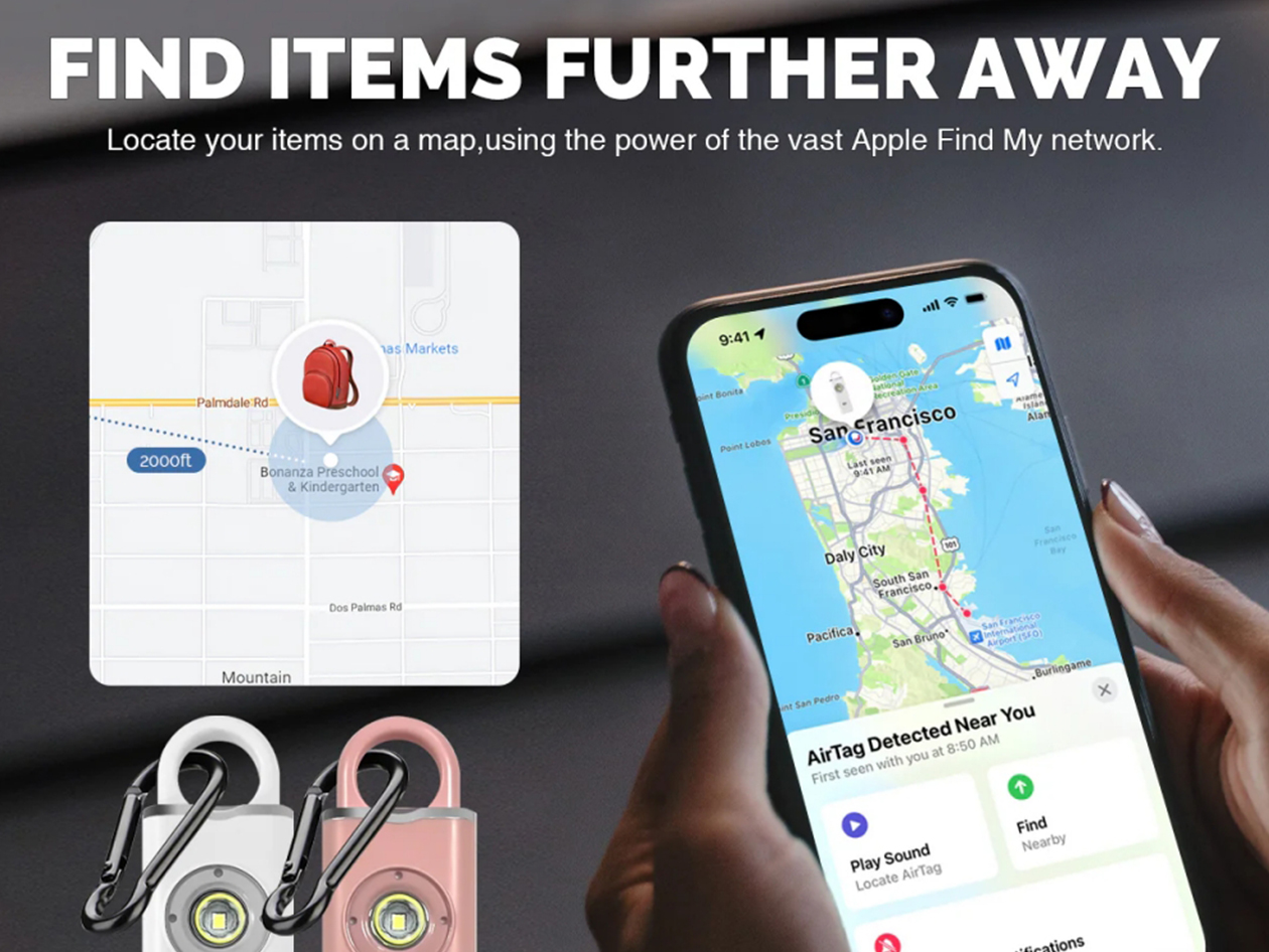 2-in-1 Personal Safety Alarm with Apple Find My Smart Tracking (Pink/2-Pack)