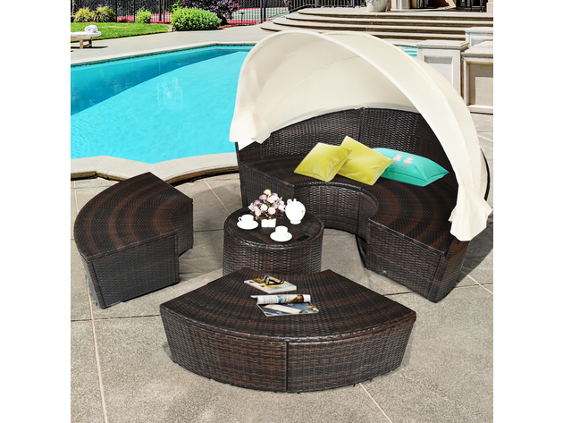 Costway Patio Rattan Daybed Cushioned Sofa Adjustable Table Top Canopy 3 Pillows - Brown