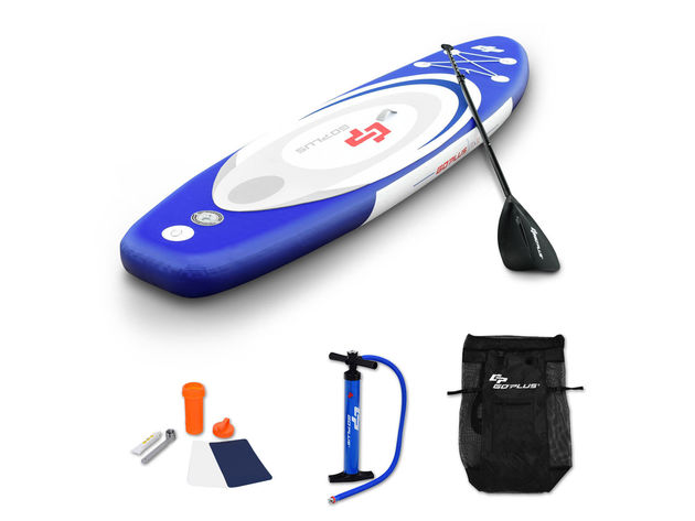 Goplus 11' Inflatable Stand up Paddle Board Surfboard SUP W/ Bag Adjustable Paddle Fin Blue and White