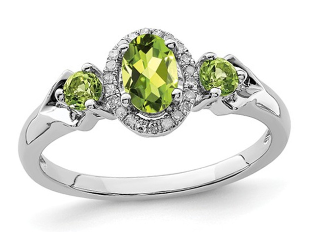Three Stone Natural Peridot 4/5 Carat (ctw) Ring in Sterling Silver with Diamonds 1/12 Carat (ctw) - 8