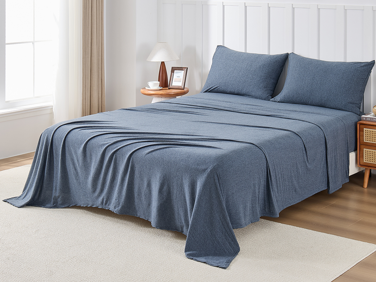 Kathy Ireland 4 Piece Heathered Jersey Knit Cotton Sheet Set (Full/Denim)