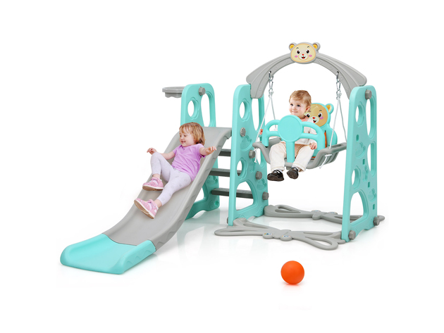 Costway 4-in-1 Toddler Climber and Swing Set w/ Basketball Hoop & Ball Pink\Green - Green