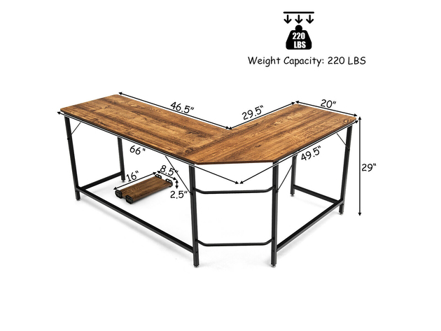 Costway L-Shaped Computer Desk Corner Workstation Study Gaming Table Home Office - Brown