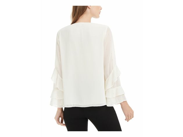 Alfani Women's Petite Embellished Bell Sleeve Button Up Top White Size Petite