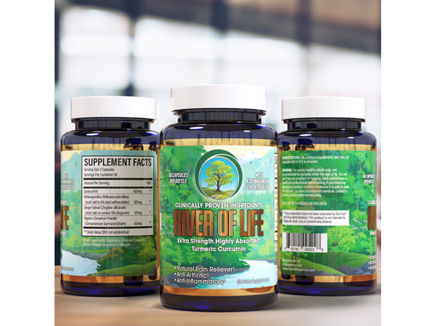 River of Life Turmeric Curcumin - 1050 mg with Ashwagandha, Anti-Inflammatory and Pain Reliever, 60 Capsules Dietary Supplement